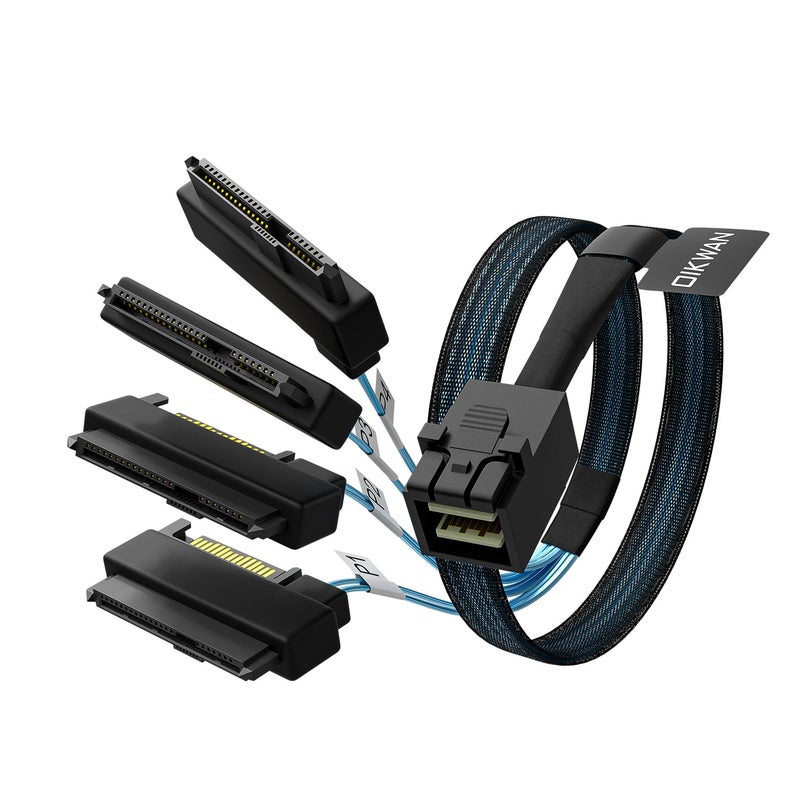 OIKWAN كابل SFF-8643 داخلي Mini SAS HD إلى (4) موصلات SFF-8482 29pin مع منفذ طاقة SAS 15pin 12GB/S بطول 3.3 قدم (1 متر) - Image 1